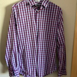 Express Men's Purple Blue Check Fitted Long Sleeve Cotton Button-Up Shirt Size M